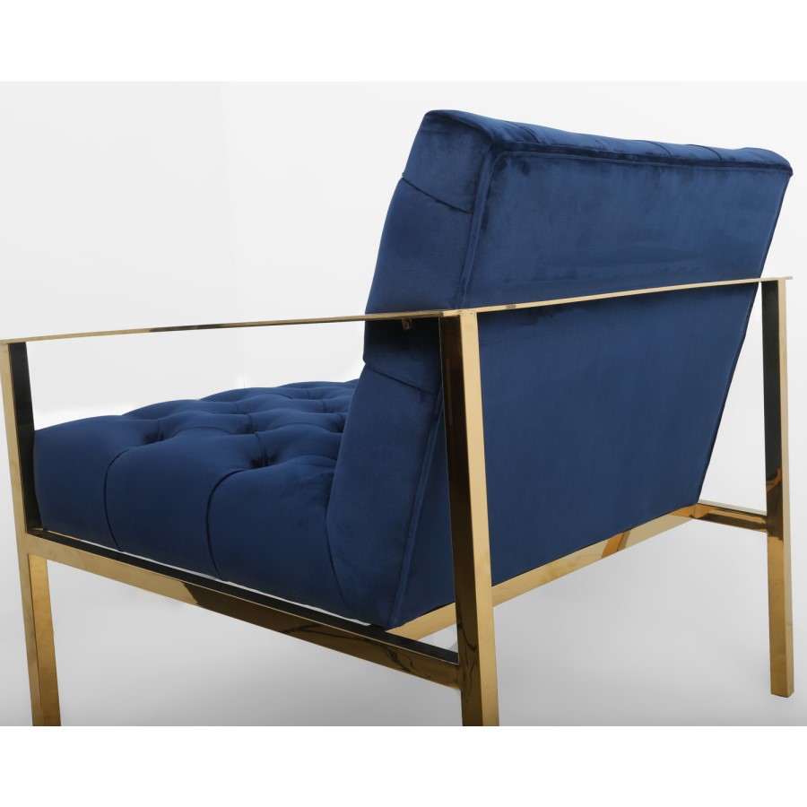 GRADE A2 - Blue Armchair with Square Back Button Finish & Gold Frame 