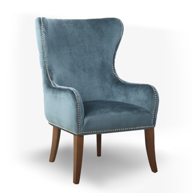 Colonial Blue Velvet Effect Armchair with Button Finish & Silver Studs