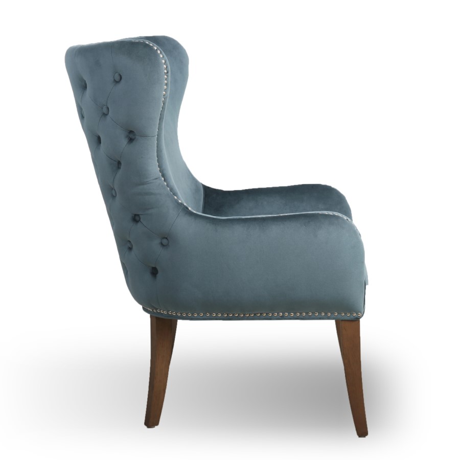 Colonial Blue Velvet Effect Armchair with Button Finish & Silver Studs