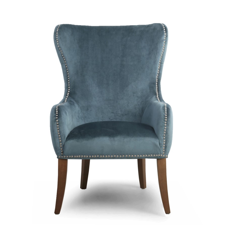 Colonial Blue Velvet Effect Armchair with Button Finish & Silver Studs