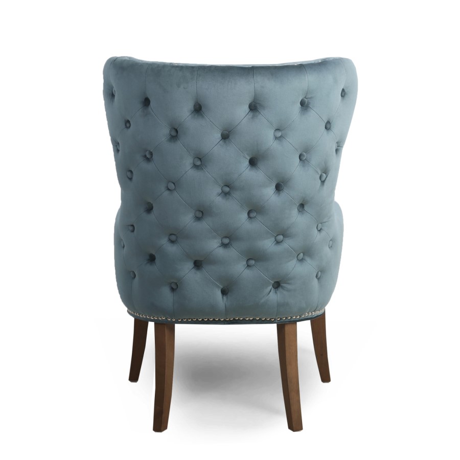 Colonial Blue Velvet Effect Armchair with Button Finish & Silver Studs