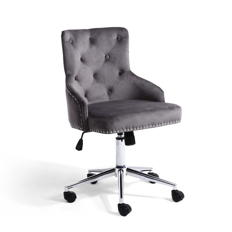 Grey Velvet Luxury Tufted Office Chair with Stud Detail