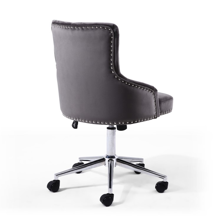 Grey Velvet Luxury Tufted Office Chair with Stud Detail