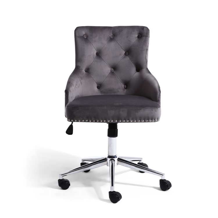 Grey Velvet Luxury Tufted Office Chair with Stud Detail