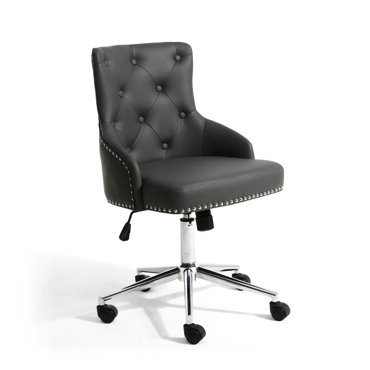 Grey Tufted Leather Effect Luxury Office Chair with Stud Detail