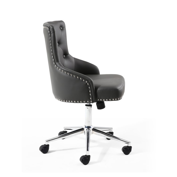 Grey Tufted Leather Effect Luxury Office Chair with Stud Detail