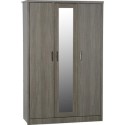 100-101-058 Black Rustic Oak 3 Door Triple Mirrored Wardrobe - Lisbon - Seconique