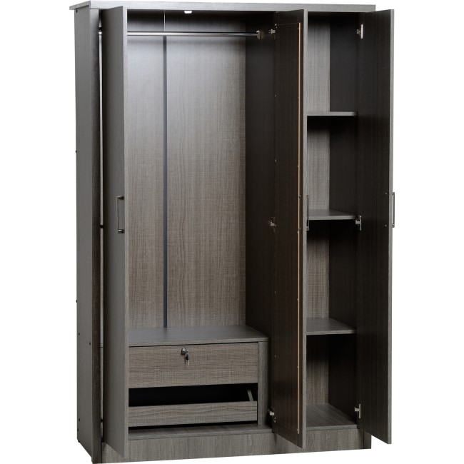 Black Rustic Oak 3 Door Triple Mirrored Wardrobe - Lisbon - Seconique