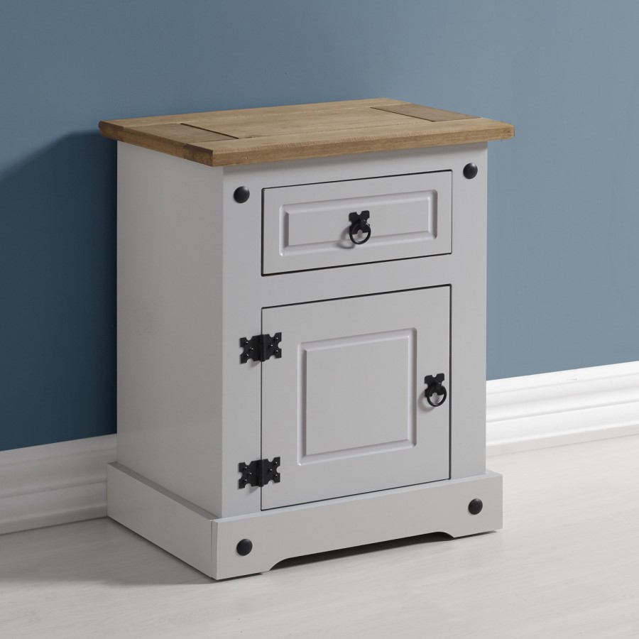 GRADE A1 - Corona 1 Drawer 1 Door Bedside Table in Grey/Distressed Waxed Pine