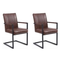 Shankar Archer Pair of Cantilever Leather Effect Brown Carver Chairs