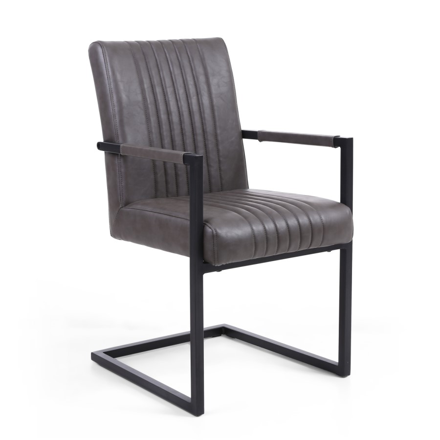 GRADE A1 - Shankar Pair of Archer Cantilever Leather Effect Grey Carver Chair