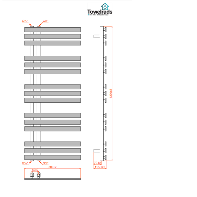 Black Heated Towel Rail Radiator 1200 x 500mm - Cobham