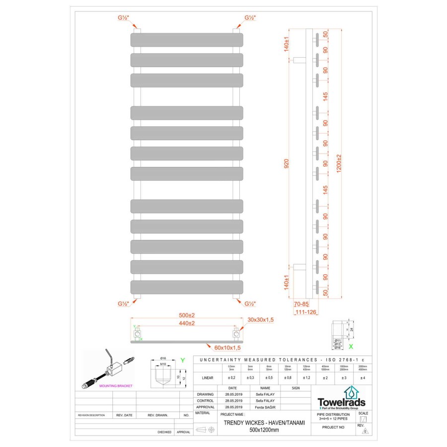 Perlo Chrome Heated Towel Rail - 1200 x 500mm