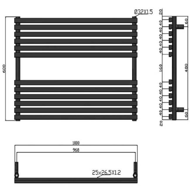 Towelrads Oxfordshire Anthracite Towel Radiator 600 x 1000mm