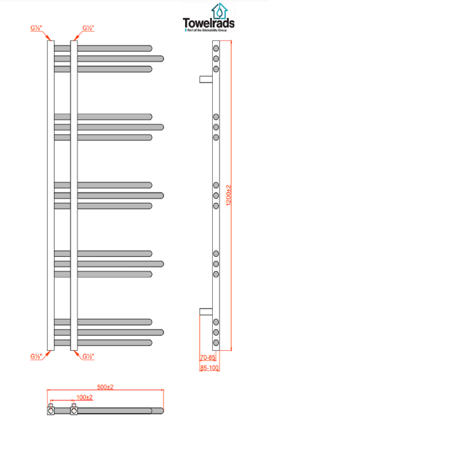 Towelrads Chertsey Chrome Towel Radiator 1200 x 500mm