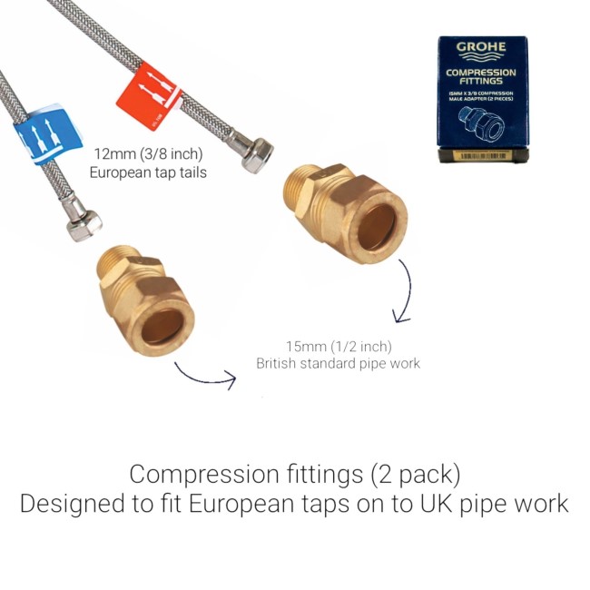 Grohe Pair of Adaptors for UK Fittings - 15mm Compression by 3/8 Inch BSP Male Thread