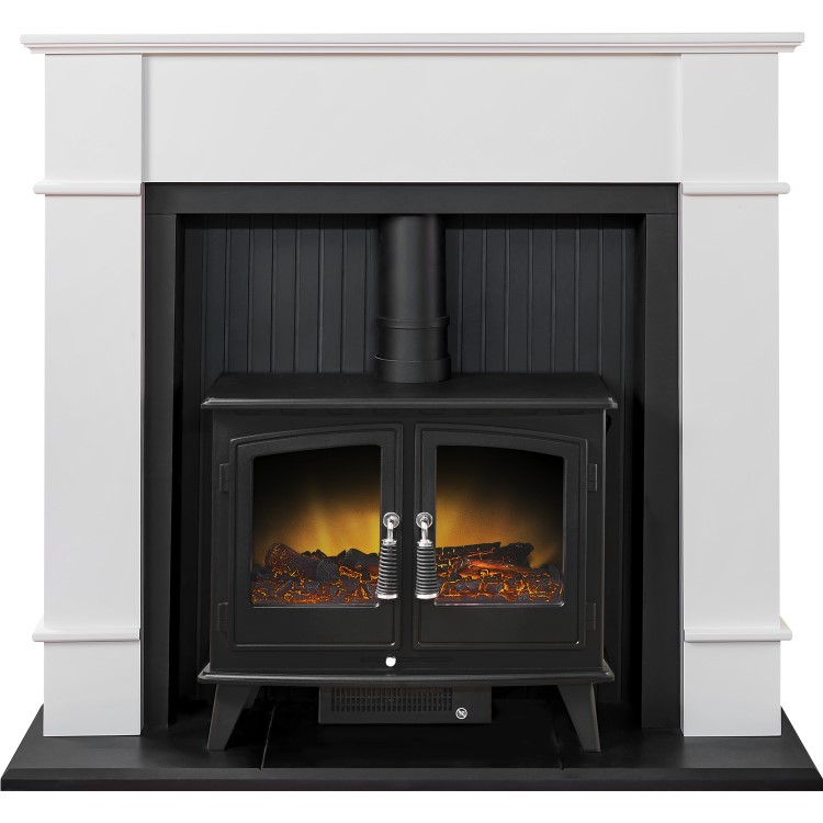 Adam White Fireplace Suite with Black Double Door Electric Stove & Log Effect Fuel Bed - Oxford