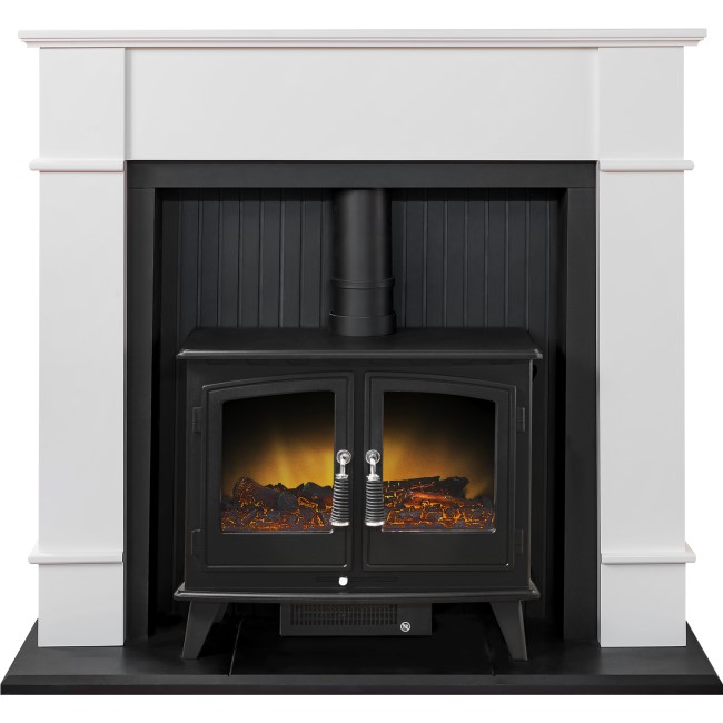 Adam White Fireplace Suite with Black Double Door Electric Stove & Log Effect Fuel Bed - Oxford
