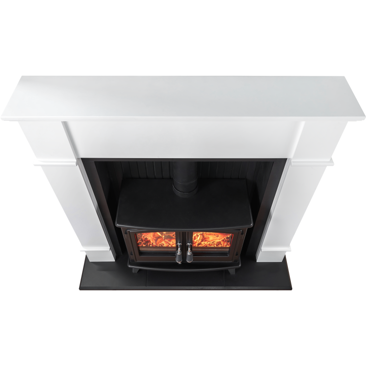 Adam White Fireplace Suite with Black Double Door Electric Stove & Log Effect Fuel Bed - Oxford