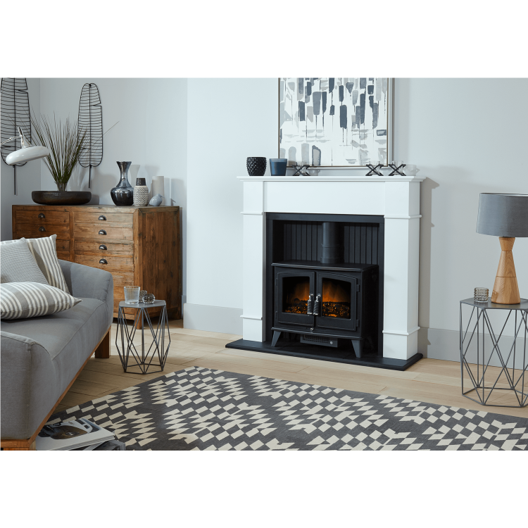 Adam White Fireplace Suite with Black Double Door Electric Stove & Log Effect Fuel Bed - Oxford