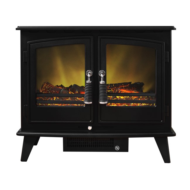 GRADE A2 - Adam Woodhouse Black Electric Fireplace Heater Stove with Double Doors & Log Effect Fuel Bed