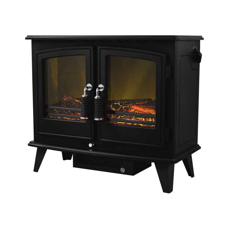 GRADE A2 - Adam Woodhouse Black Electric Fireplace Heater Stove with Double Doors & Log Effect Fuel Bed