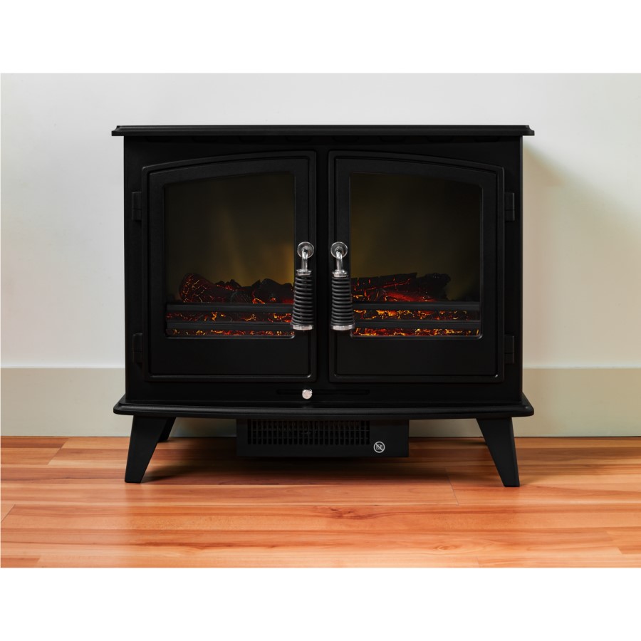 GRADE A2 - Adam Woodhouse Black Electric Fireplace Heater Stove with Double Doors & Log Effect Fuel Bed