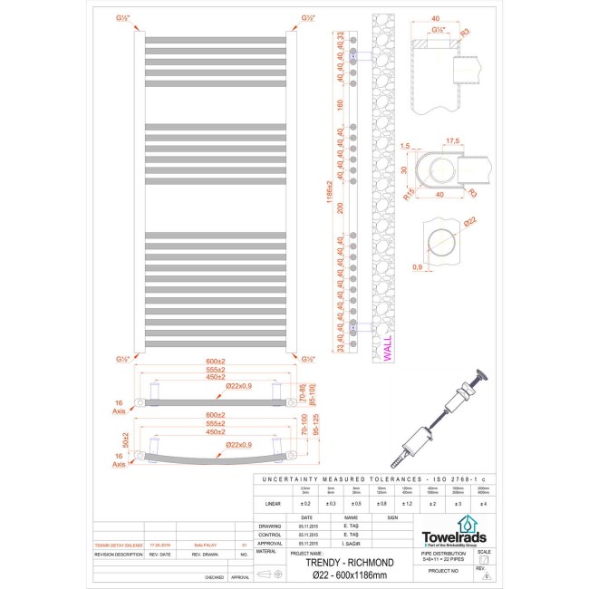 Towelrads Richmond Chrome Towel Radiator - 1186 x 600mm