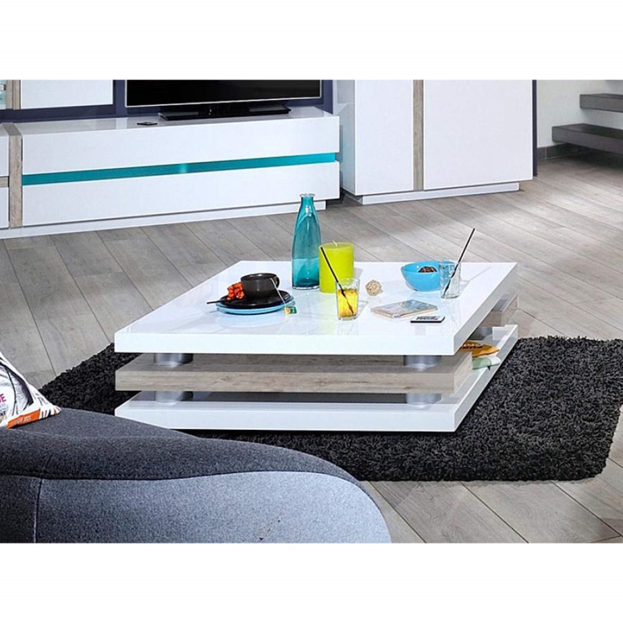 Sciae Cross 36 Coffee Table in High Gloss White with Wood Detail