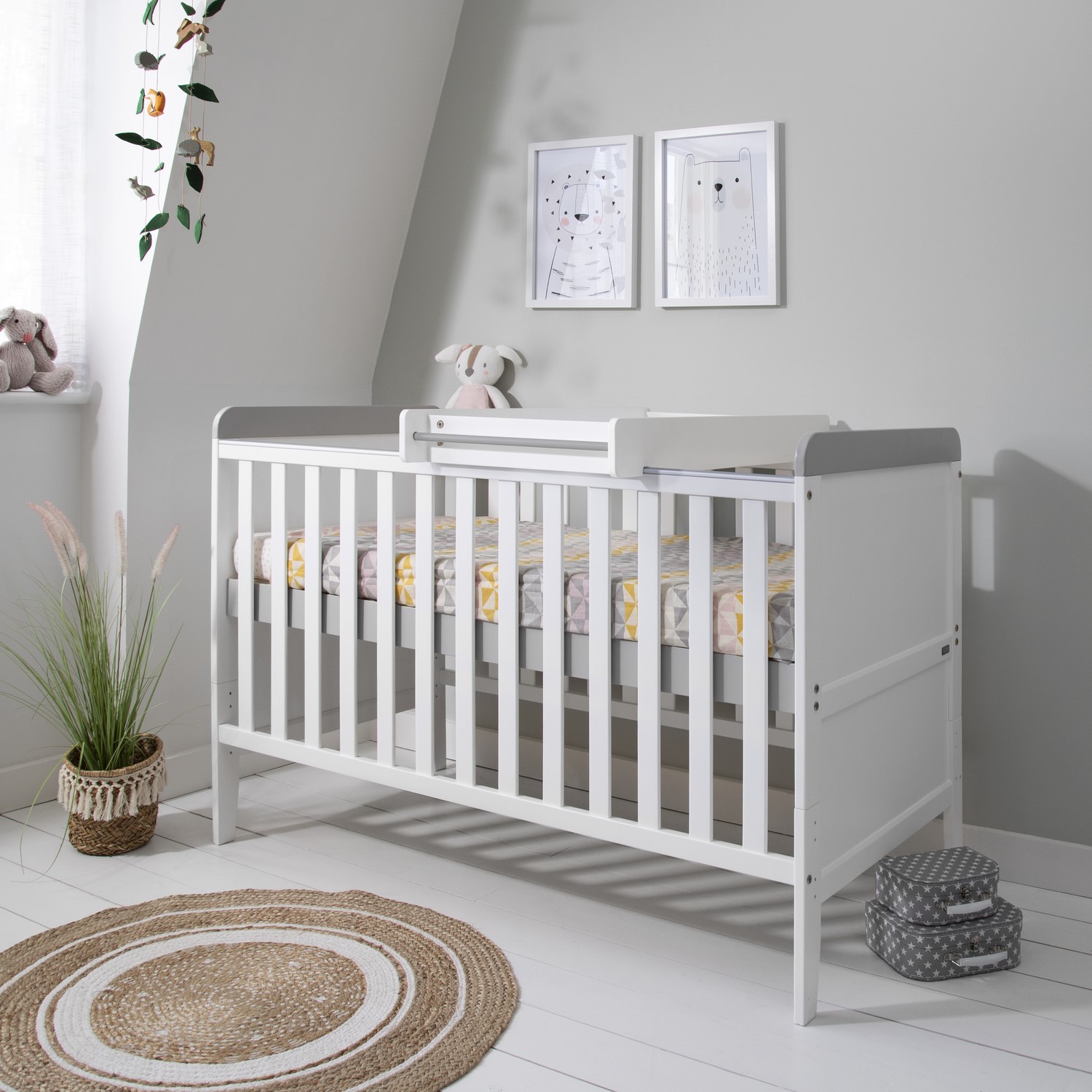 Photo of Cot bed with mattress and cot top changer in white and grey - rio - tutti bambini