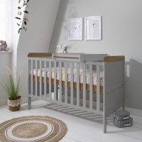 Cot Bed with Mattress and Cot Top Changer in Grey and Oak - Rio - Tutti Bambini