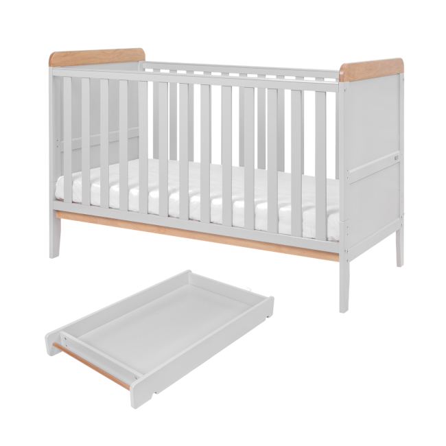 Cot Bed with Mattress and Cot Top Changer in Grey and Oak - Rio - Tutti Bambini