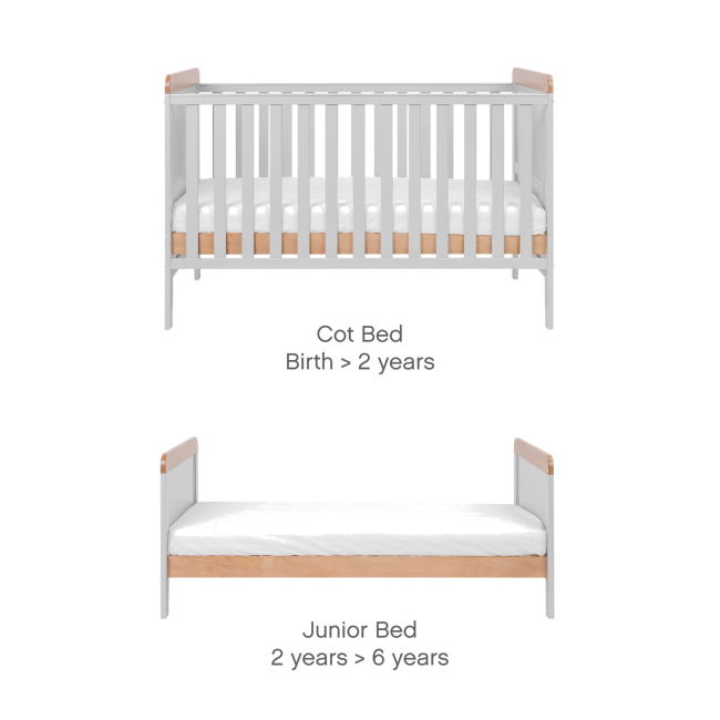 Cot Bed with Mattress and Cot Top Changer in Grey and Oak - Rio - Tutti Bambini