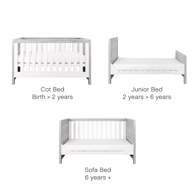 White and Grey Convertible 3 in 1 Cot Bed - Modena - Tutti Bambini