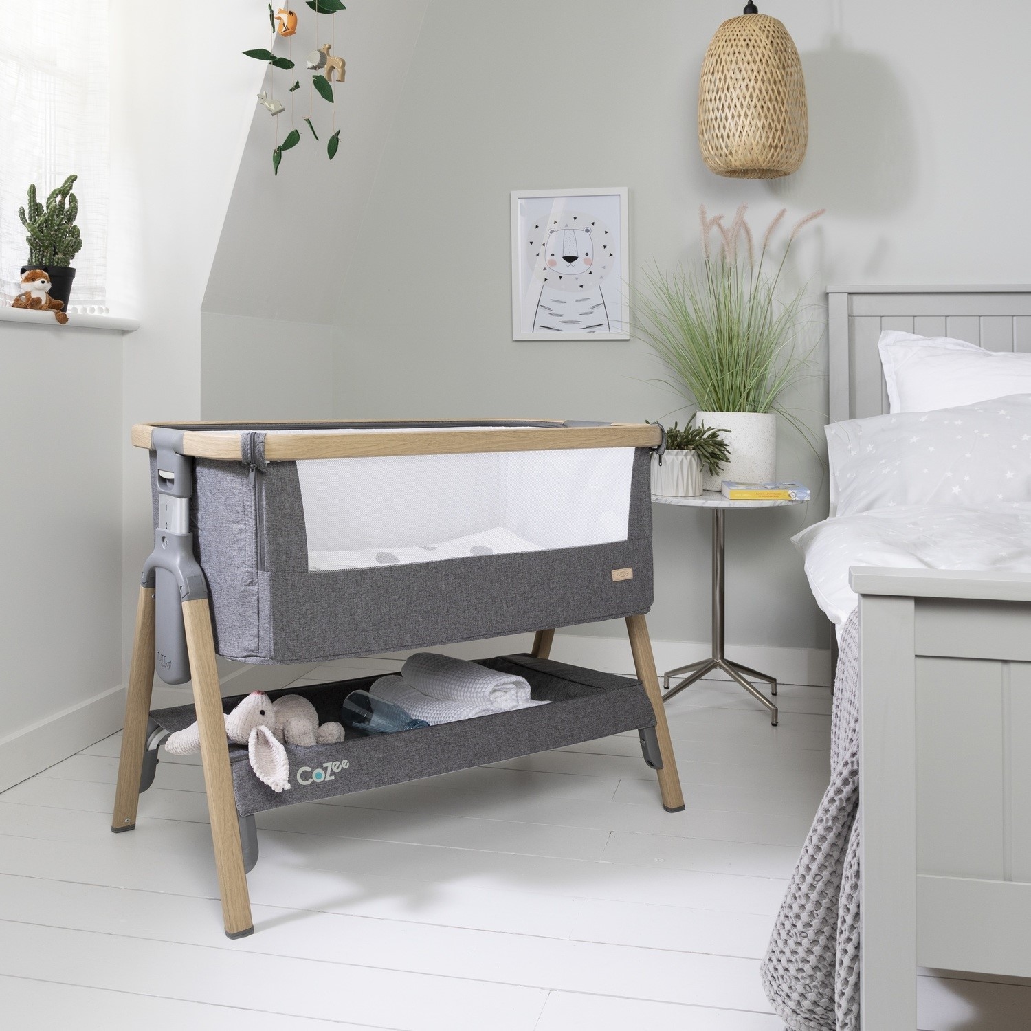 Tutti Bambini CoZee Air Bedside Crib Oak and Charcoal Furniture123