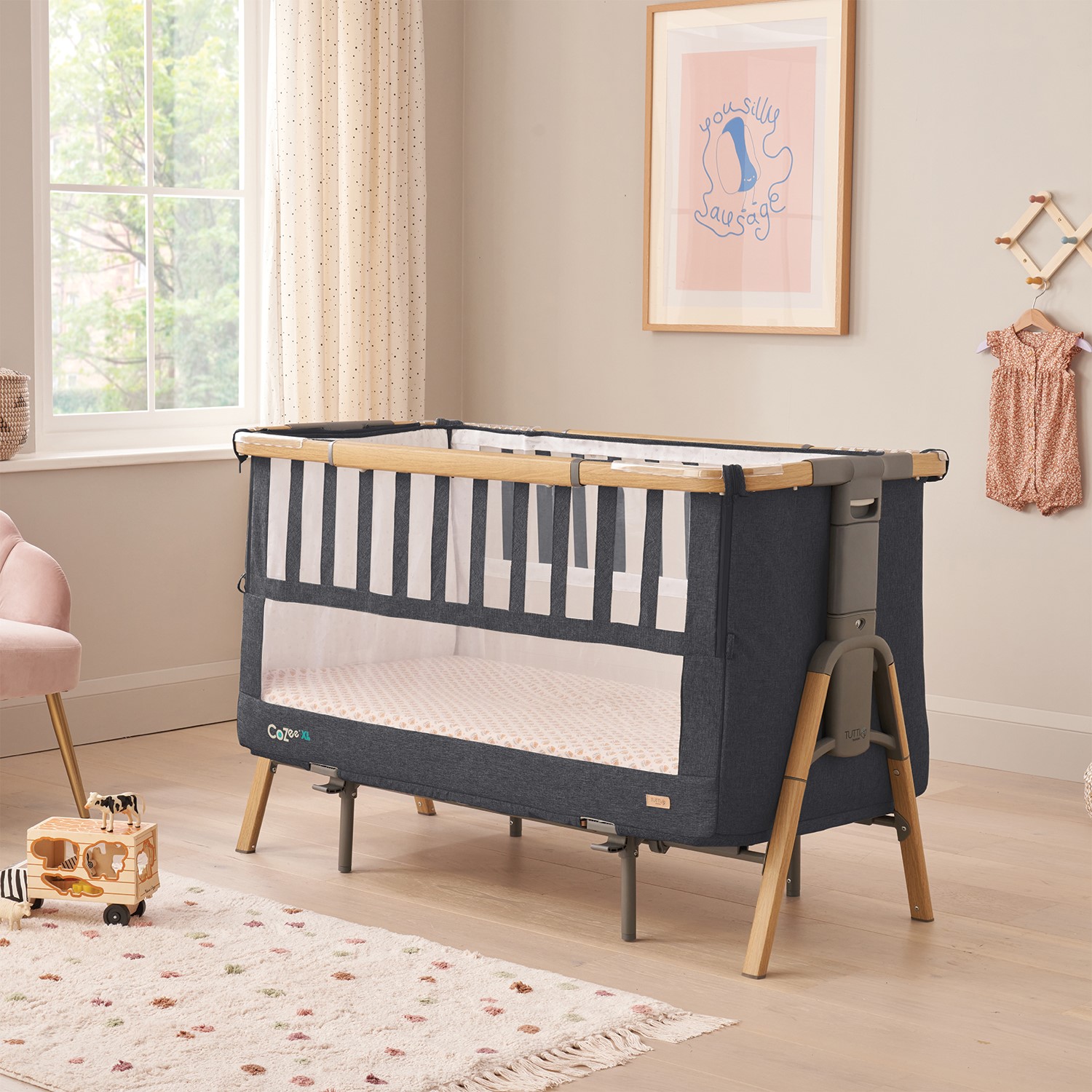 Photo of Bedside crib and cot in dark grey and oak - cozee xl - tutti bambini