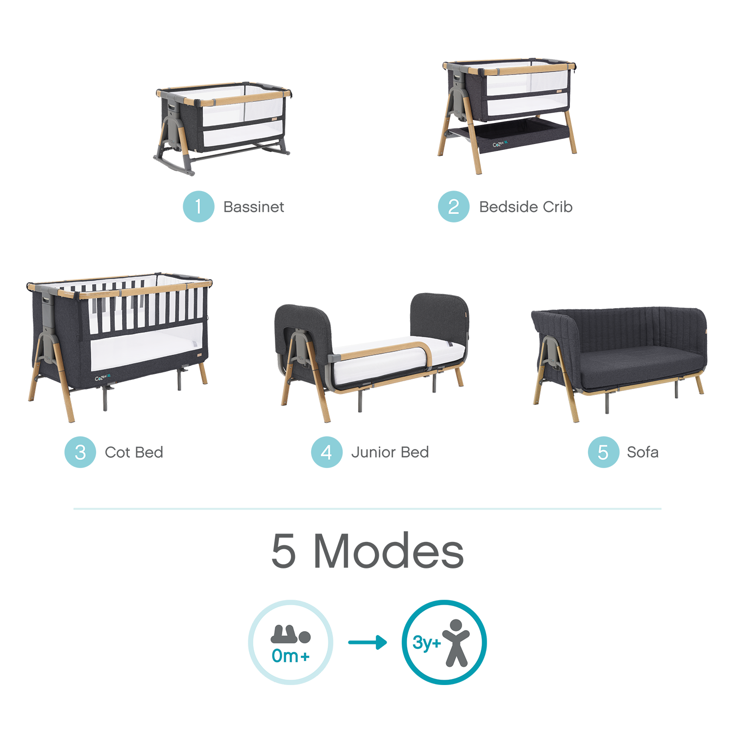 Bedside Crib and Cot in Dark Grey and Oak Cozee XL Tutti