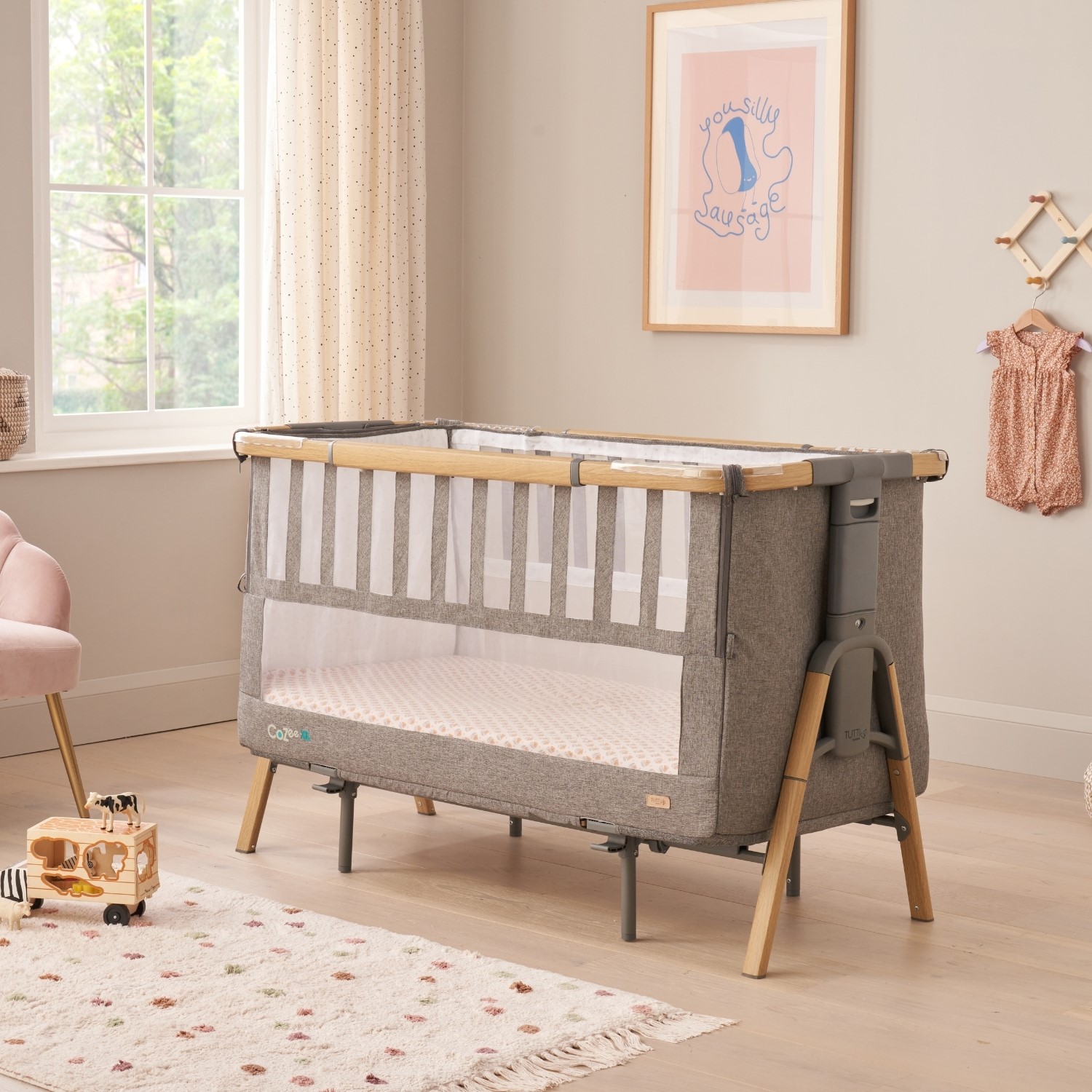 Photo of Bedside crib and cot in light grey and oak - cozee xl - tutti bambini