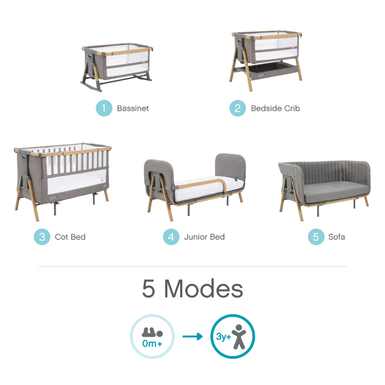 Bedside Crib and Cot in Light Grey and Oak - Cozee XL - Tutti Bambini