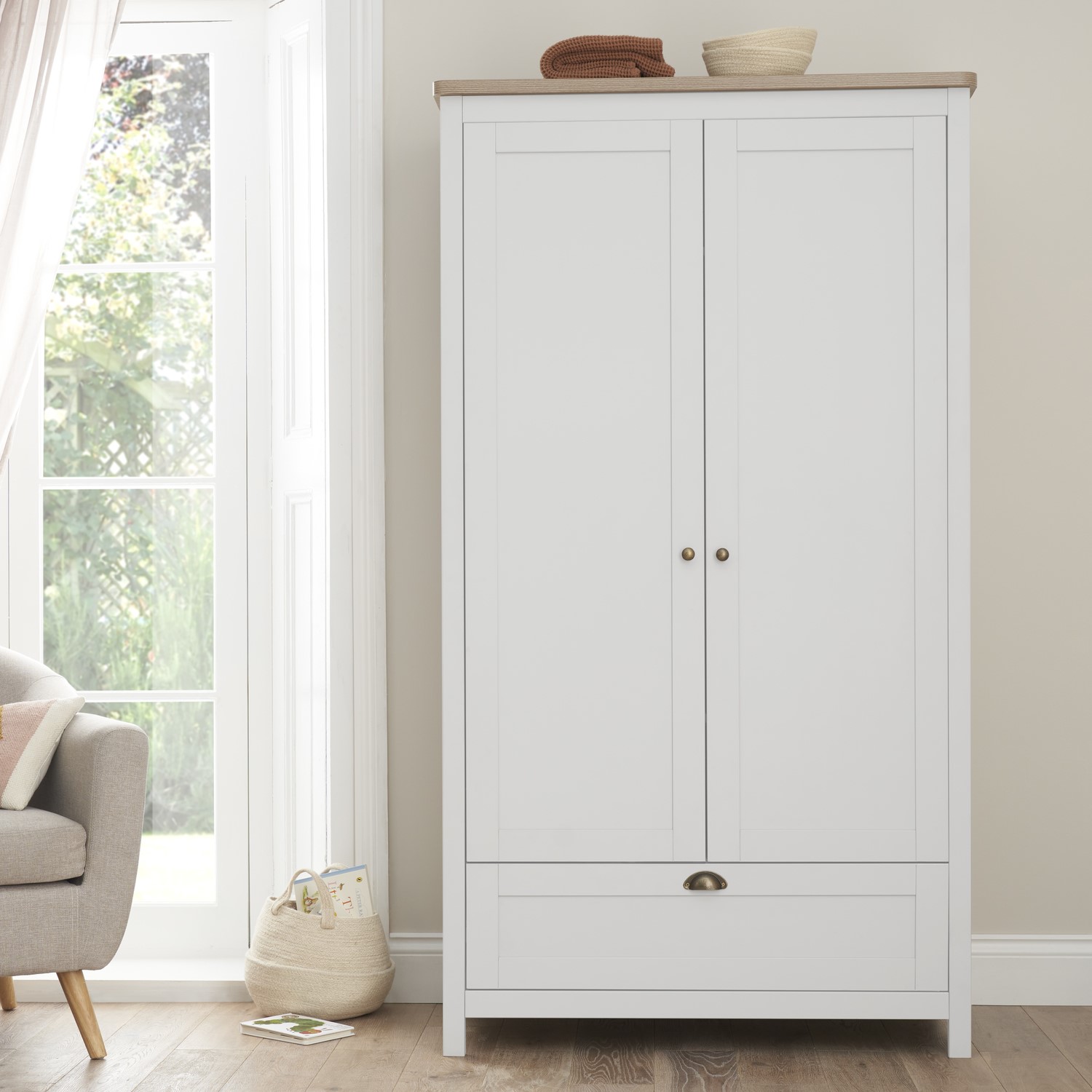 Photo of Nursery wardrobe with drawer and shelves in white and oak - verona - tutti bambini