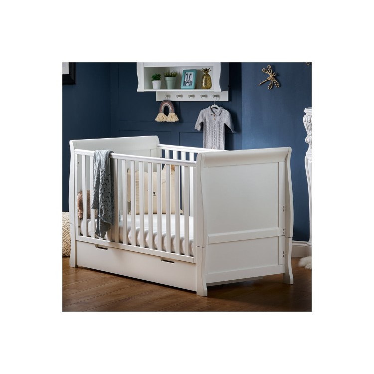 Stamford White Sleigh Cot Bed with Drawer - Obaby