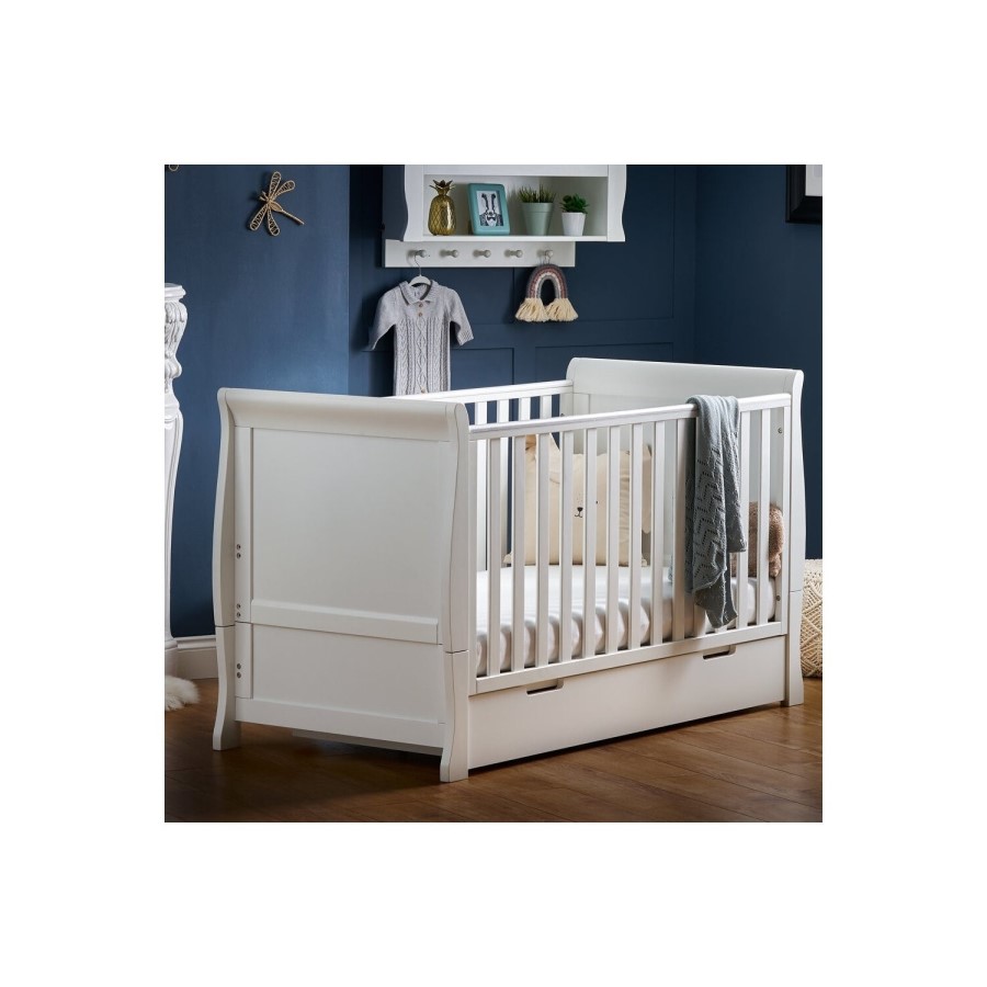 Stamford White Sleigh Cot Bed with Drawer - Obaby