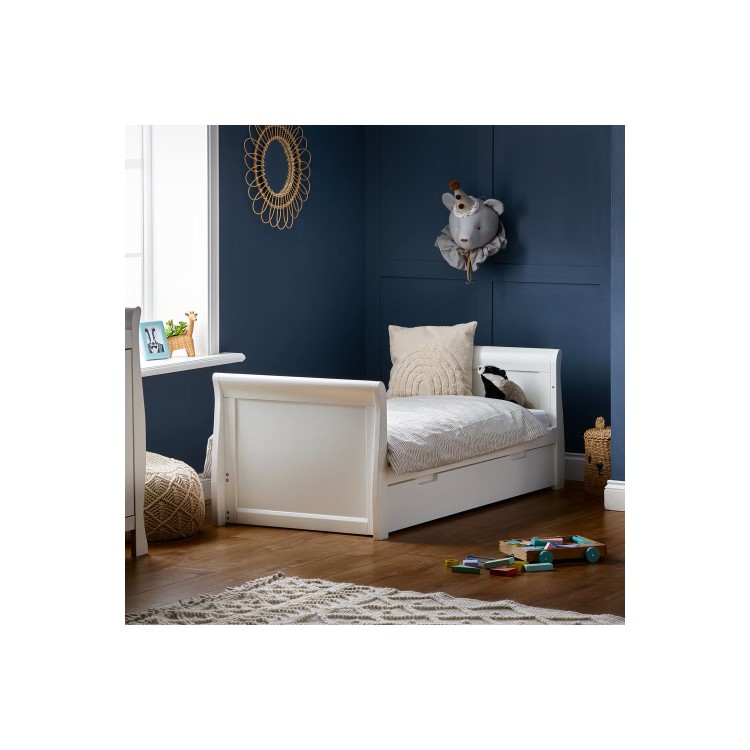 Stamford White Sleigh Cot Bed with Drawer - Obaby