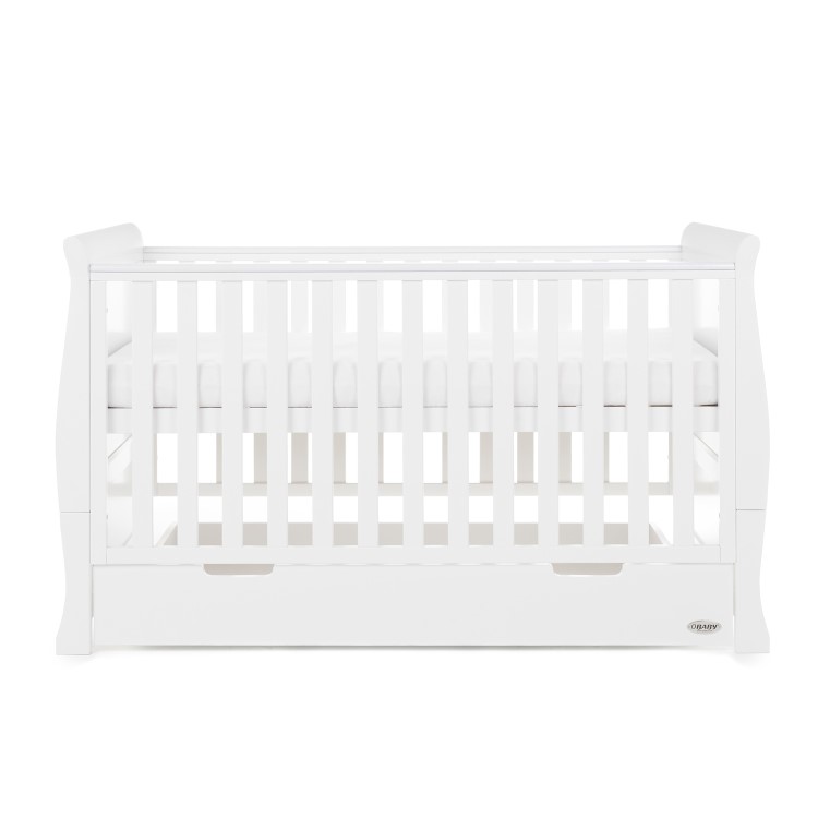 Stamford White Sleigh Cot Bed with Drawer - Obaby