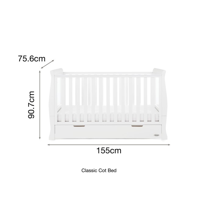 Stamford White Sleigh Cot Bed with Drawer - Obaby