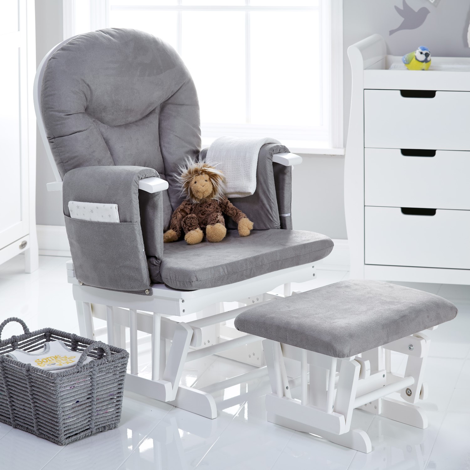 Photo of Grey fabric reclining glider chair and stool - obaby