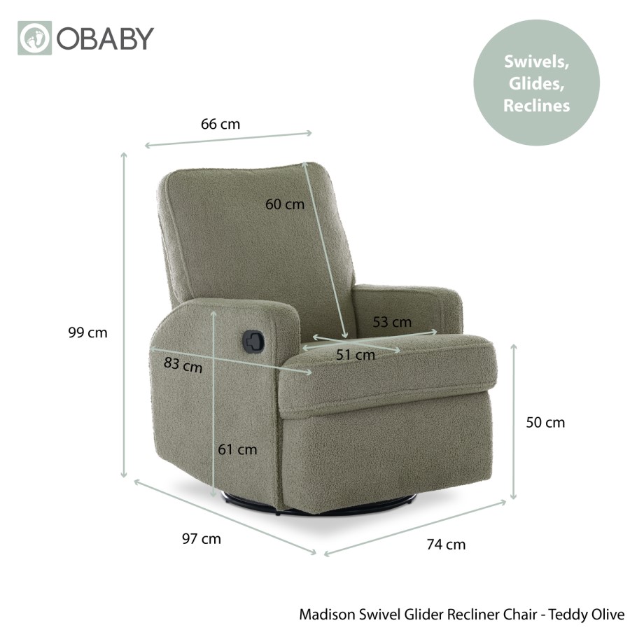 Madison Teddy Olive Swivel Glider Recliner Chair - Obaby