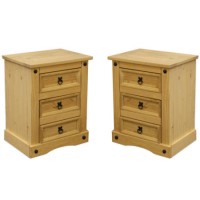 Set of 2 Corona Mexican 3 Drawer Bedside Tables In Solid Pine 