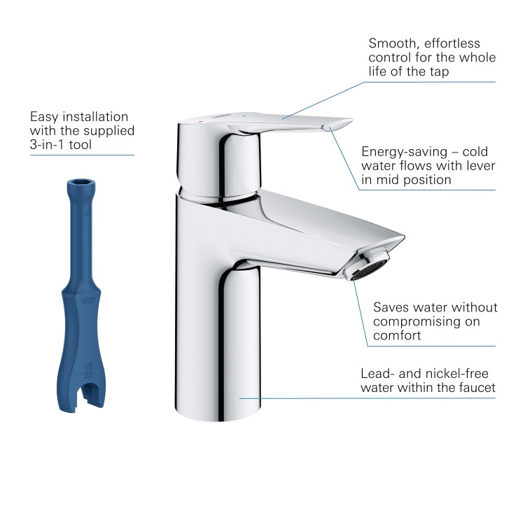 Grohe QuickFix Start SilkMove EnergySaving Cloakroom Mono Basin Mixer Tap with Waste - Chrome