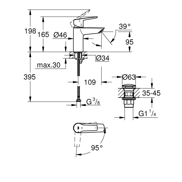 Grohe QuickFix Start SilkMove EnergySaving Cloakroom Mono Basin Mixer Tap with Waste - Chrome